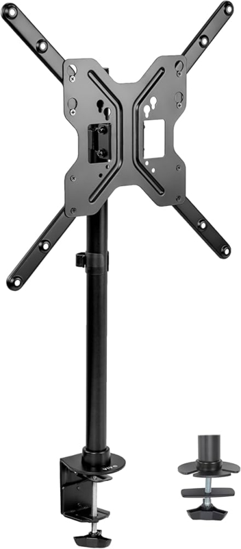 TV Mount, Height Adjustable Desk Stand, C-Clamp Base, Matte Black VESA Plate.