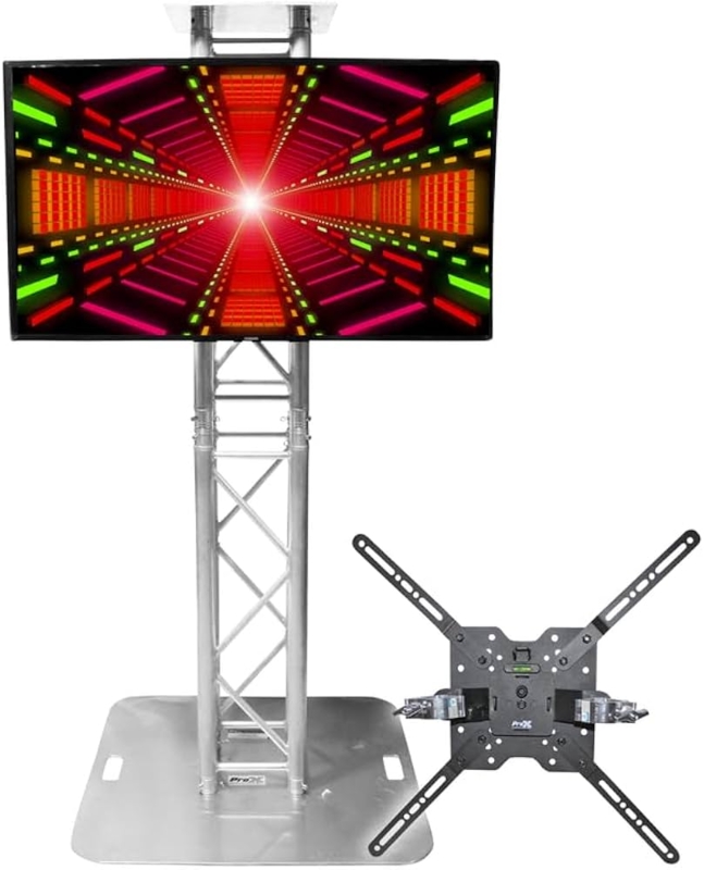 TV Mount, Industrial Truss Stand, Adjustable VESA Arms, Silver Metal Clamp.