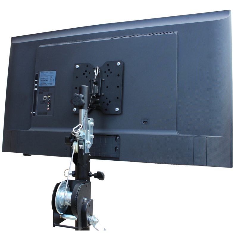 TV Mount, Industrial Winch System, Hand Crank, Adjustable Height, Steel Cable.