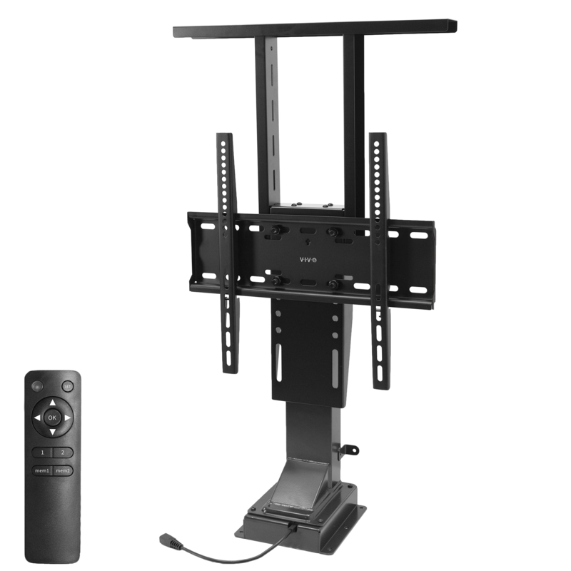 TV Mount, Motorized Lift Mechanism, Remote Control, Adjustable Height Base.