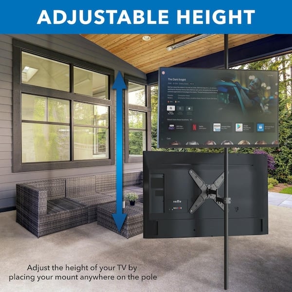 TV Mount, Outdoor Ready Pole Mount, Height Adjustable, Full Motion Arm.