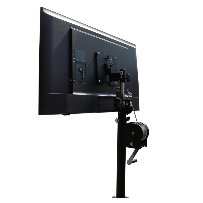 TV Mount Stand, Hand Crank Winch, Telescoping Pole, Industrial Grade Construction.