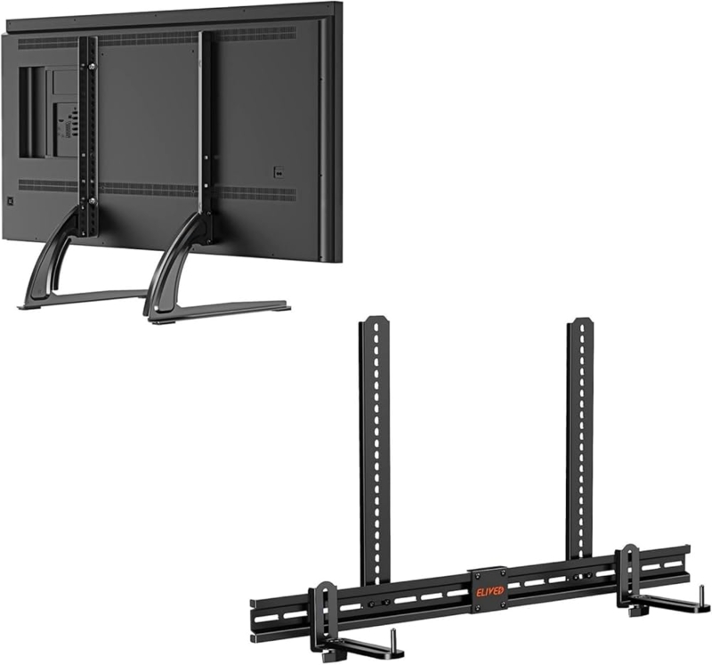 TV Mount, Tabletop Stand with Soundbar Mount, Adjustable Height, Universal VESA.