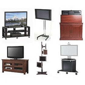 TV Stand Collection, Mobile Casters, Multi-Monitor Support, Wood and Metal Styles.