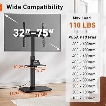 TV Stand Heavy-Duty Floor Mount with Rectangular Base & Media Shelf