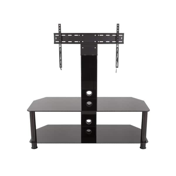 TV Stand, Integrated Mount, Black Glass Shelves, Cable Management Column.