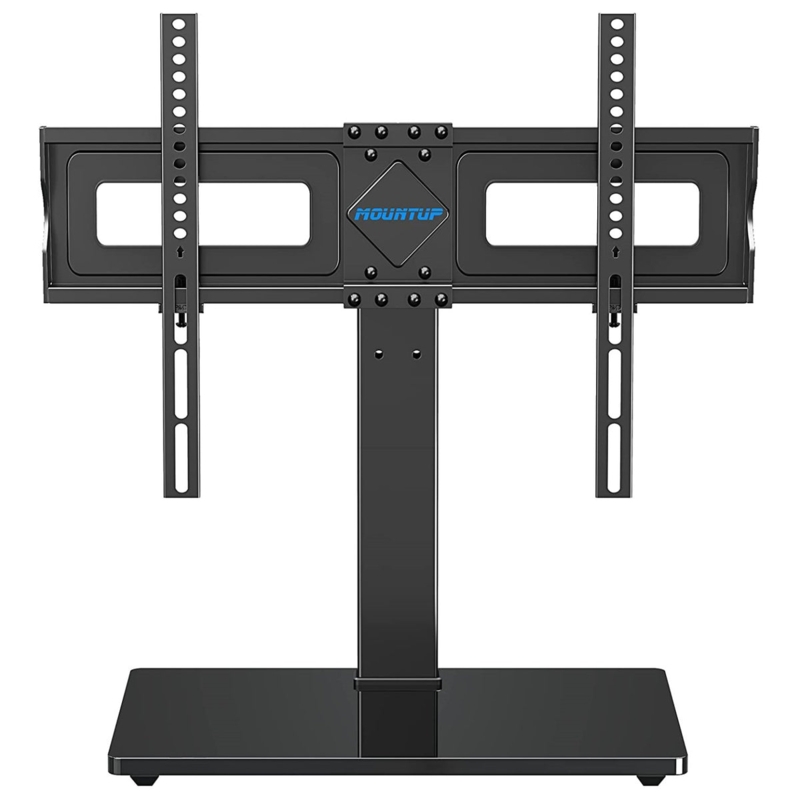 TV Stand, Minimalist Tabletop Design, Glossy Base, Vertical Pillar Mount.