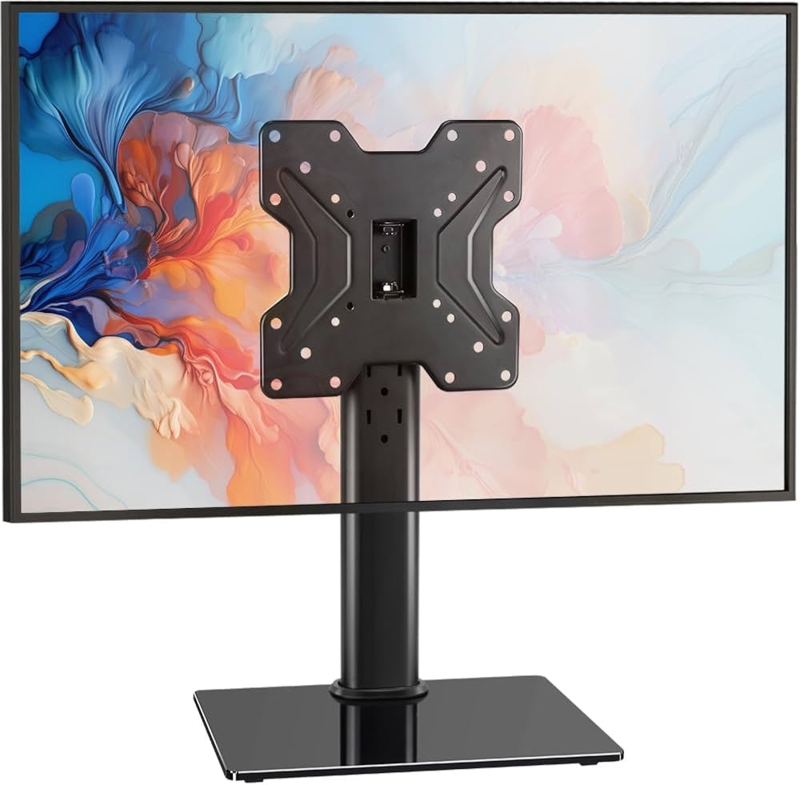 TV Stand, Tabletop Swivel Mount, Height Adjustable, Glass Base, Minimalist.