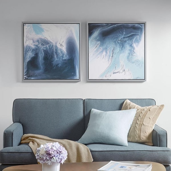 Two-Piece Abstract Art Set in Silver Toned Frames for Coastal Decor
