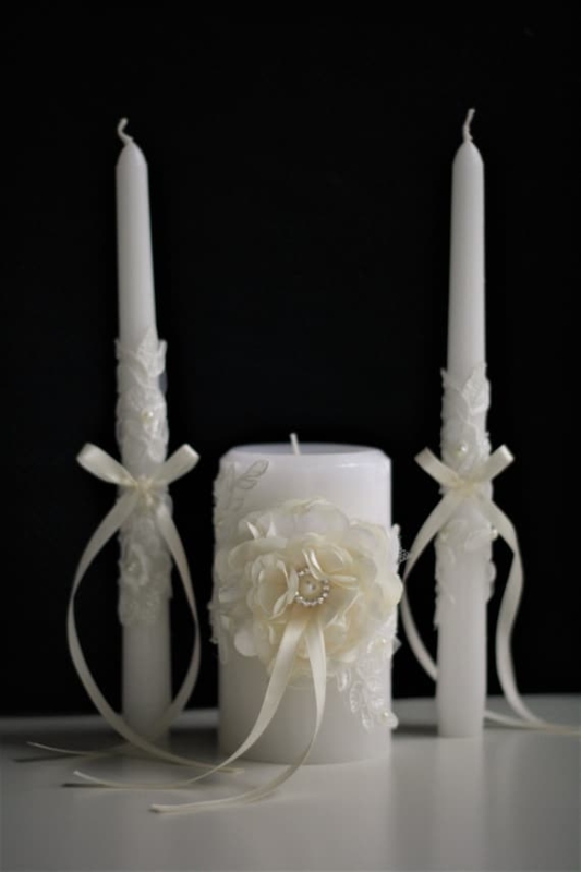 Unity Candle Set, Floral Embellishment, Lace Overlay, Pearl Beads