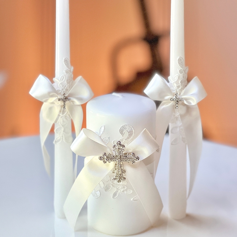 Unity Candle Set Rhinestone Cross Lace Applique Satin Bows Wedding