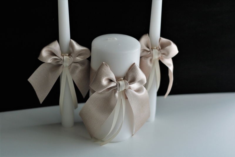 Unity Candle Set White with Large Champagne Satin Bows Elegant
