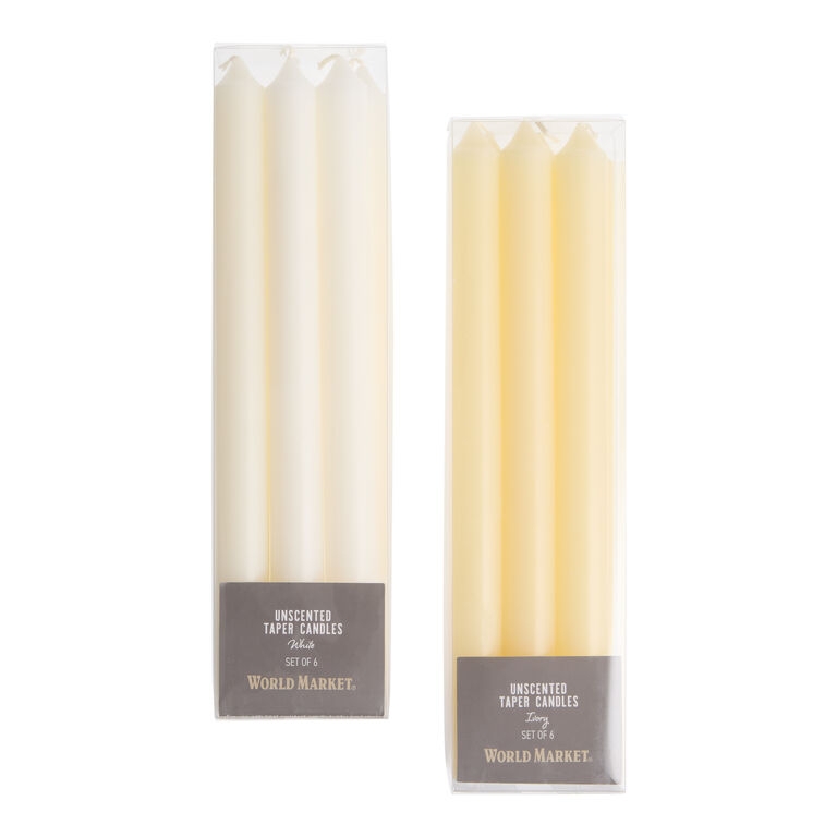 Unscented Tapered Wax Candles in Ivory & White, Set of Six