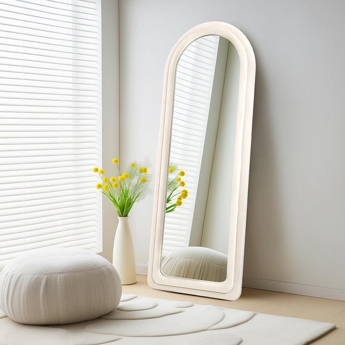 Upholstered Textured Floor Mirror Arched Ivory Frame Japandi Decor