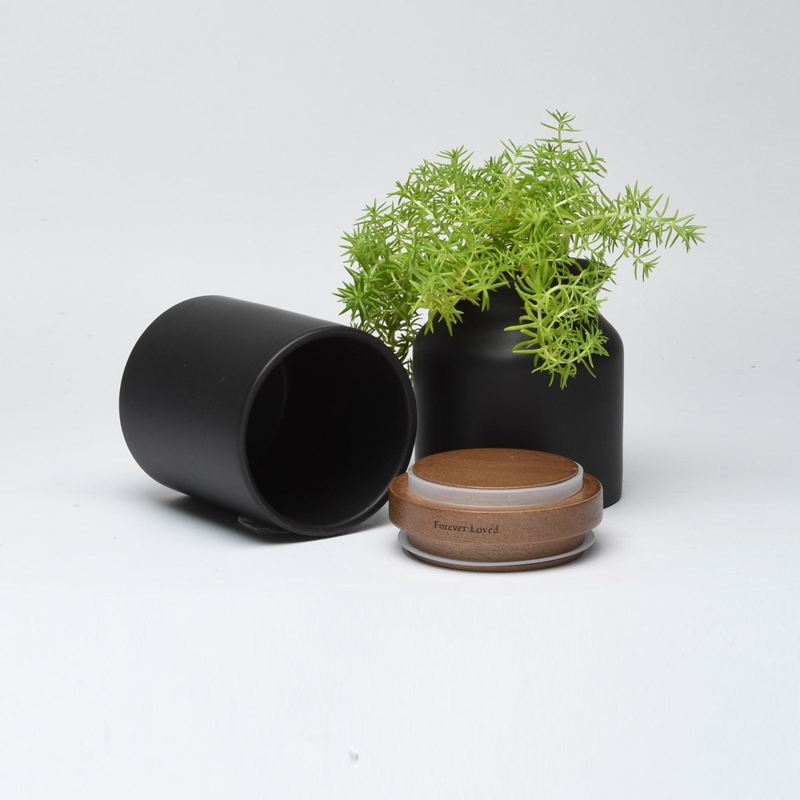 Urn Engraved Wood Lid Matte Black Minimalist Memorial Keepsake