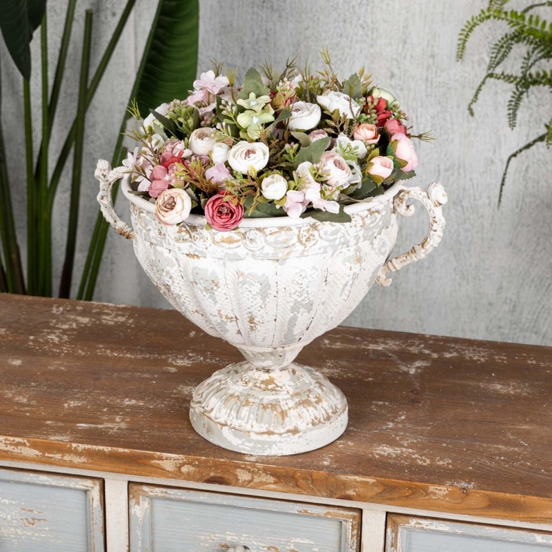 Urn French Country Shabby Chic Distressed Whitewash Scroll Handles