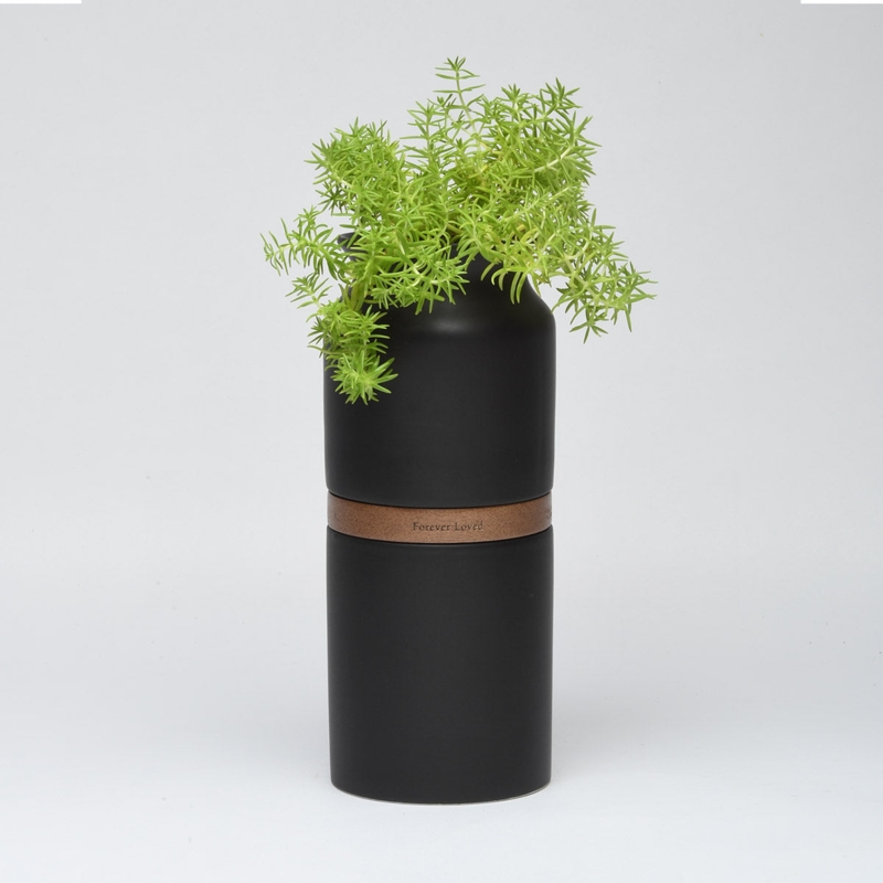Urn Integrated Planter Inscribed Wood Band Matte Black Memorial Vessel
