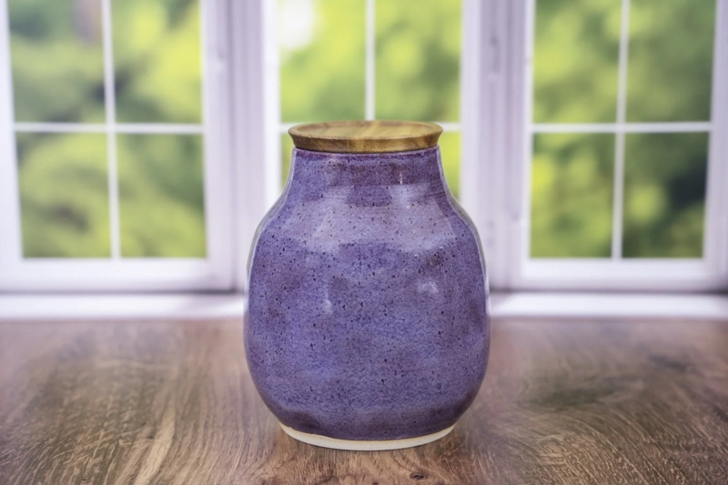 Urn Iris Purple Wood Lid Contrast, Handmade Ceramic Memorial