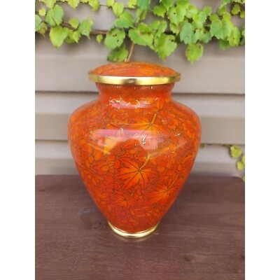 Urn Leaf Pattern Gold Rim, Glossy Enamel Traditional Autumnal Decor.