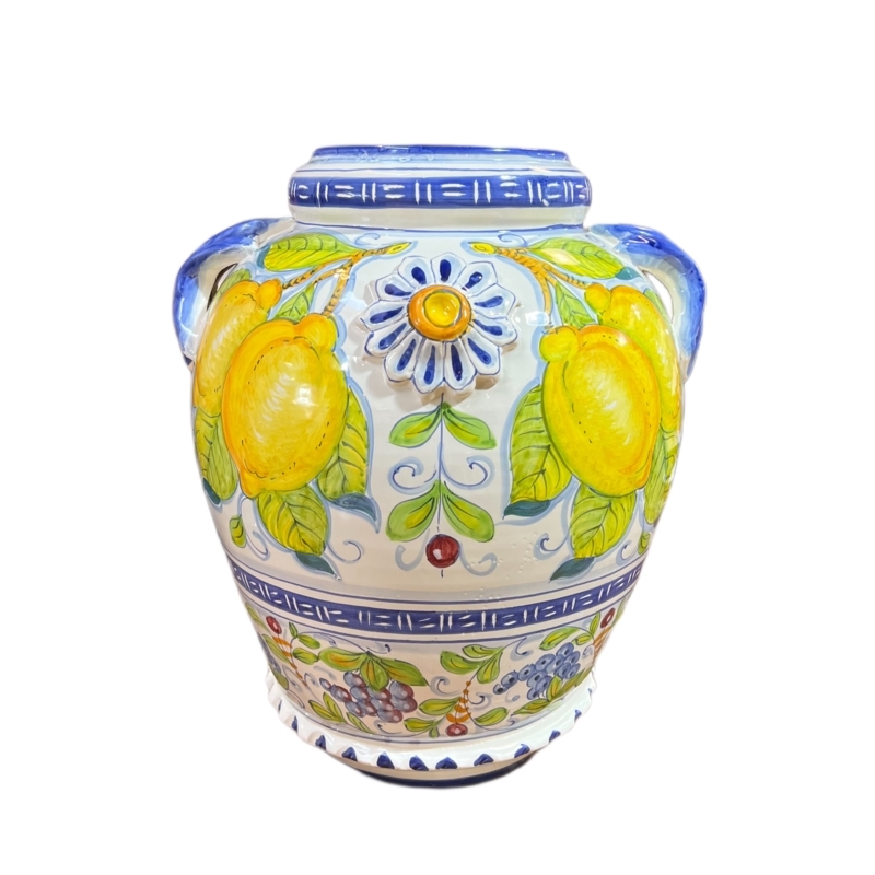 Urn Lemon Design Raised Flower Medallion Hand-Painted Ceramic Jar