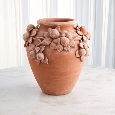 Urn Lemon Relief Terracotta Material Sculptural Vessel Rustic