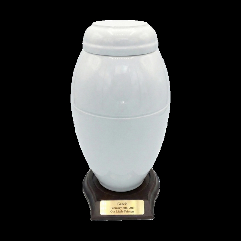 Urn Minimalist White Resin Engraved Plate Pedestal Base Memorial