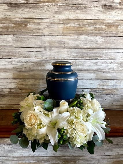 Urn, Navy Blue with Gold Bands for Memorial Service Display
