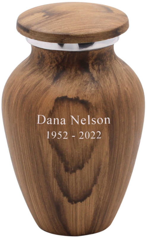 Urn Oak Finish Wood Grain Keepsake Size Silver Rim Memorial