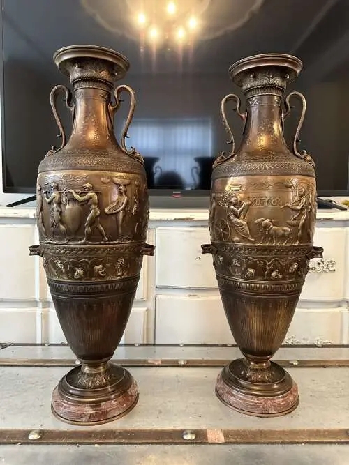Urn Pair: Antique Bronze Two-Tone Figurative Relief (57 chars)