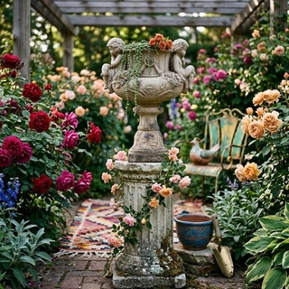 Urn Planter with Cherubs, Weathered Stone Garden Centerpiece Idea