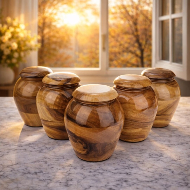 Urn Set Small Polished High Gloss Swirling Grain Wood Toned