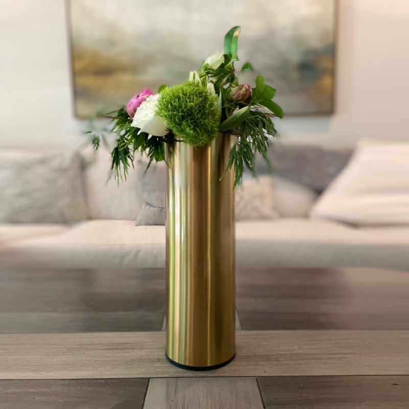 Urn Vase Brushed Metal Tall Cylindrical Shape Brass Floral Container Modern