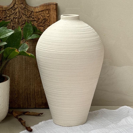 Urn Vase Cream Horizontal Ribbed Texture Organic Modern Mantel Decor