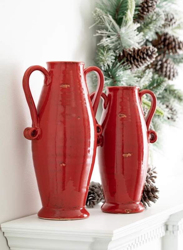 Urn Vase Curled Handles Distressed Rustic Ceramic Holiday Centerpiece