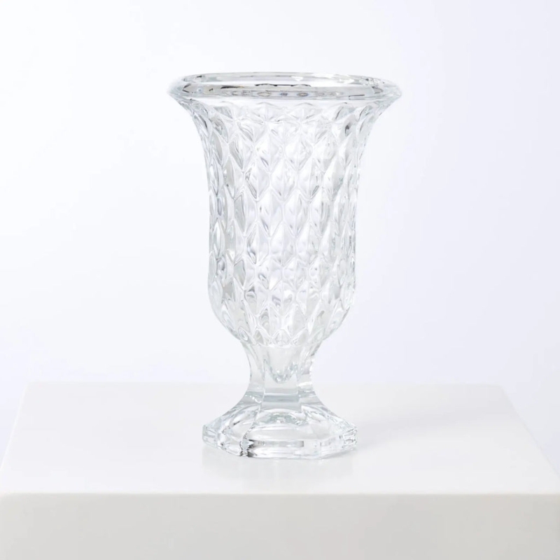 Urn Vase: Diamond Cut Relief, Flared Rim, Pedestal Base, Glam Style.