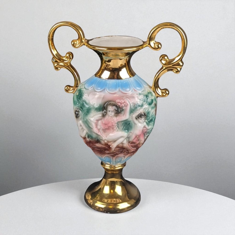 Urn Vase: Gilded Baroque Style with Bas-Relief Landscape Scene