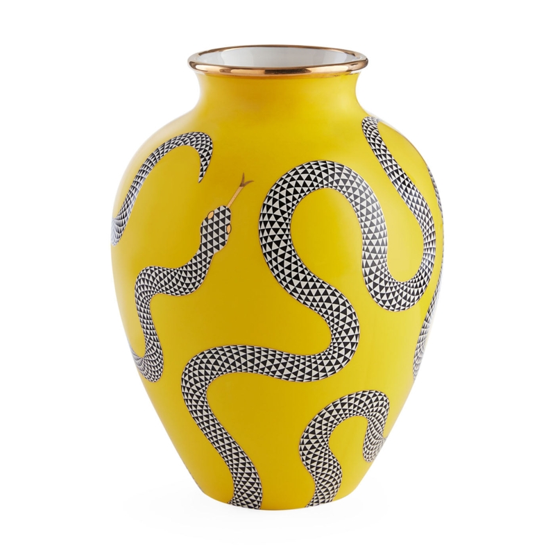 Urn Vase Glam Decorative Snake Vessel, Geometric Pattern, Gold Rim