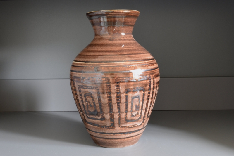 Urn Vase: Glossy Brown Ceramic with Geometric Rectangular Motifs