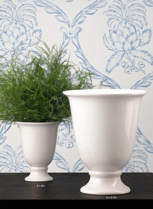 Urn Vase, High-Gloss Finish, Pedestal Base. Porcelain Pair Styling.