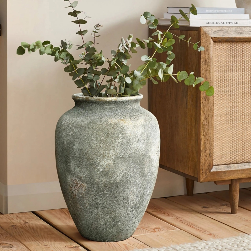 Urn Vase: Oversized Floor Vessel with Rustic Weathered Patina Finish.