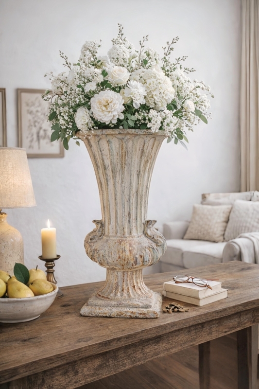 Urn Vase Rustic French Country Stone Like Distressed Patina Scrolled