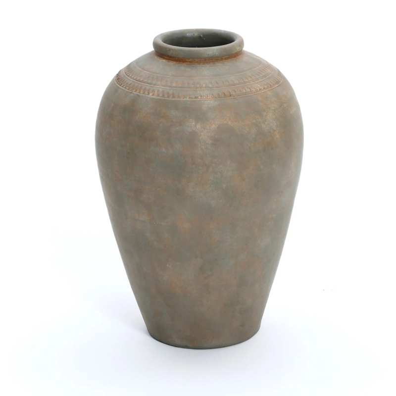 Urn Vase: Rustic Terracotta Distressed Brown Ribbed Shoulder (64 chars)