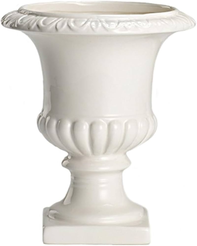 Urn Vase, Scrolled Rim, Fluted Base, Square Pedestal. Classic Centerpiece.