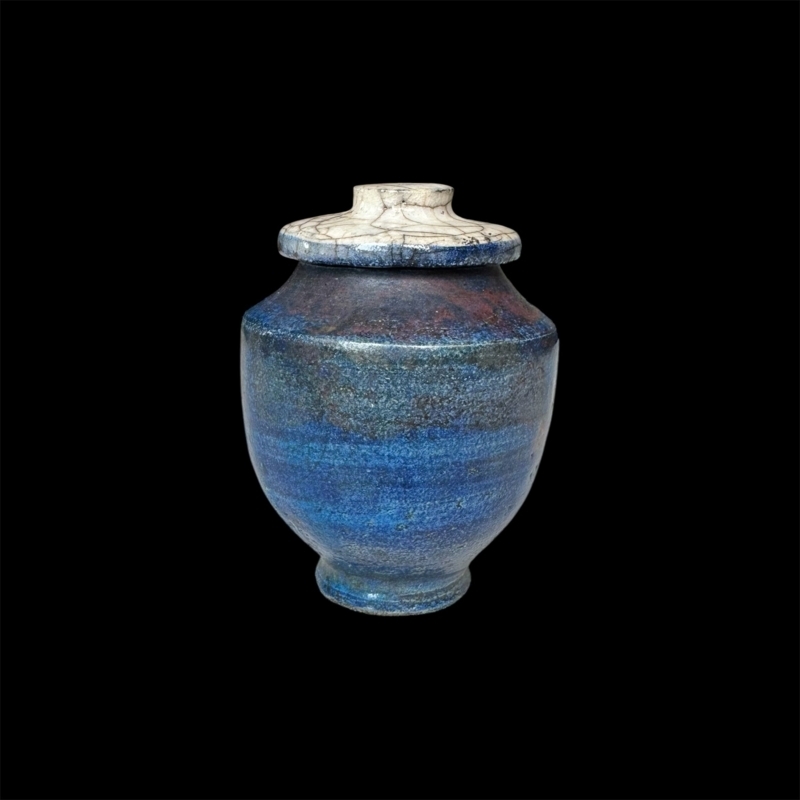 Urn with Crackled White Lid and Mottled Blue Glaze Wabi Sabi Style