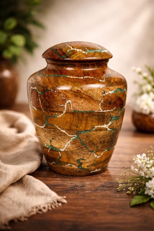 Urn Wood Toned Kintsugi Aesthetic Teal Veining Wabi Sabi Decor