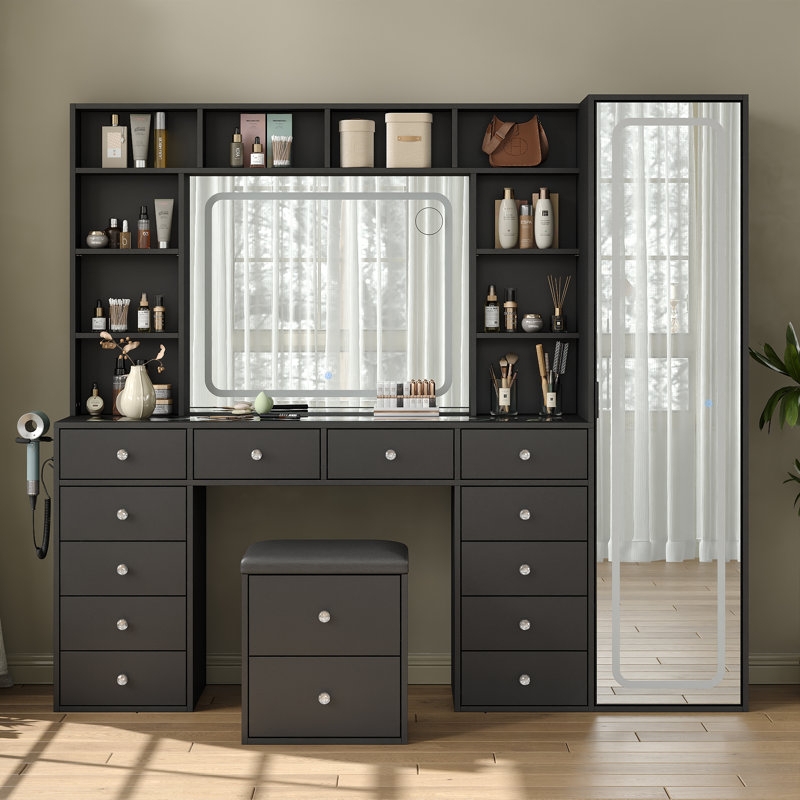 Vanity Charcoal Grey Finish Dual LED Mirrors 12-Drawers