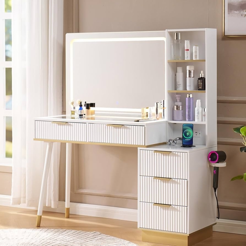 Vanity Desk Fluted Drawer Fronts Gold Accents Charging Hub