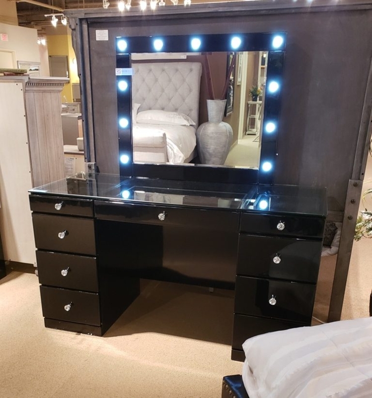 Vanity Desk Glass Top Insert, Hollywood Bulbs, High Gloss Black Lacquer