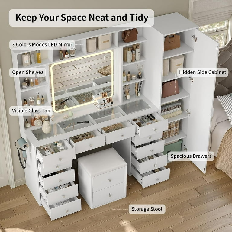 Vanity Desk Glass View Top 14-Drawers Hidden Side Cabinet