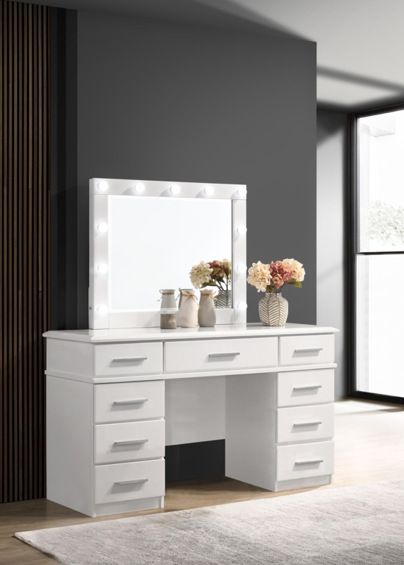 Vanity Desk Glossy White with Hollywood Mirror Bulbs and Nine Drawers.
